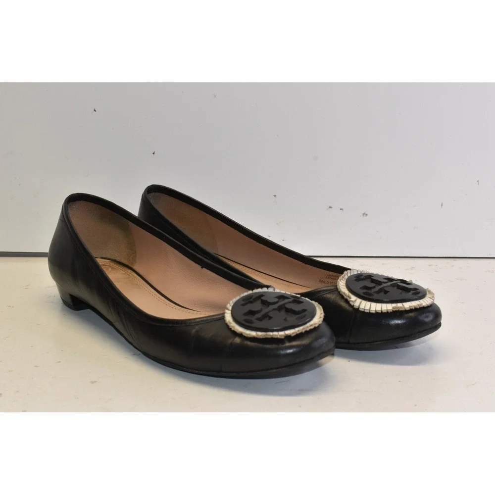Tory Burch Leather Heeled Ballet Flats Black‎ Womens 8.5M Logo Medallion Vibram